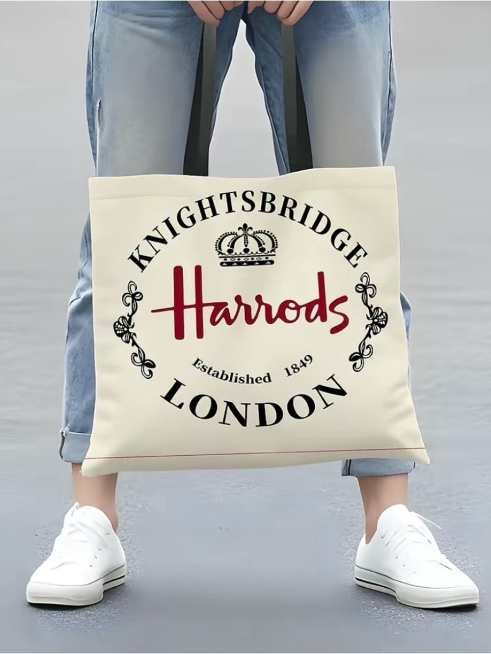 Harrods Cream Tote Shopping Bag with Black Straps and Red Logo - Picture 3 of 5